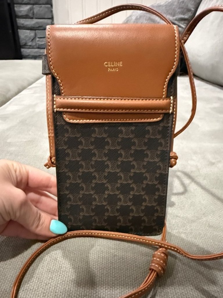 Celine Brown Triomphe Canvas And Tan Leather Phone Pouch 360$